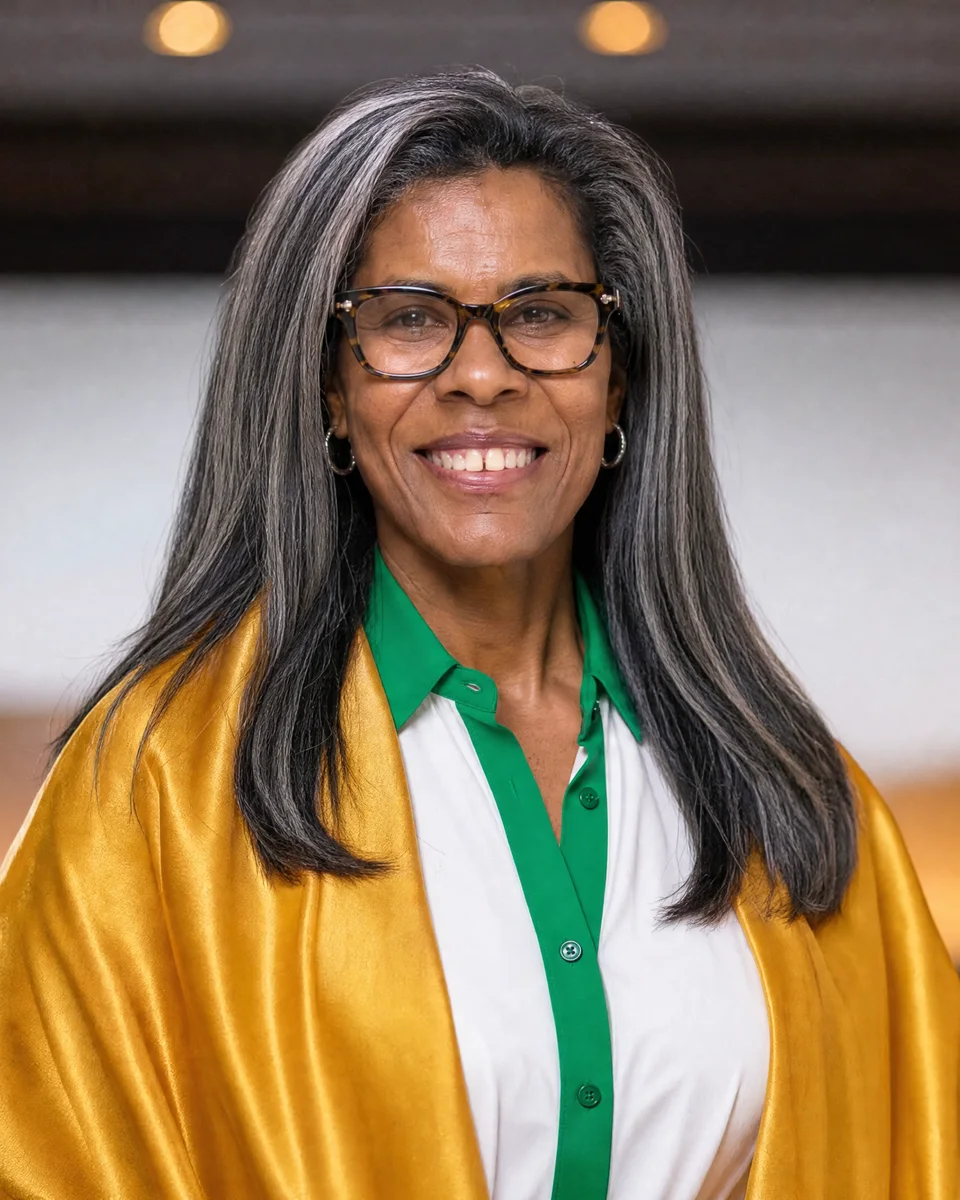 Dr. Stephanie D. Geter, THE THRIVE DOCTOR, smiling, in a gold wrap over a white and green blouse